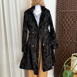 Karen Millen Black Velvet Trench Coat Belted Midi Size 6 Women's Fairy Goth Core
